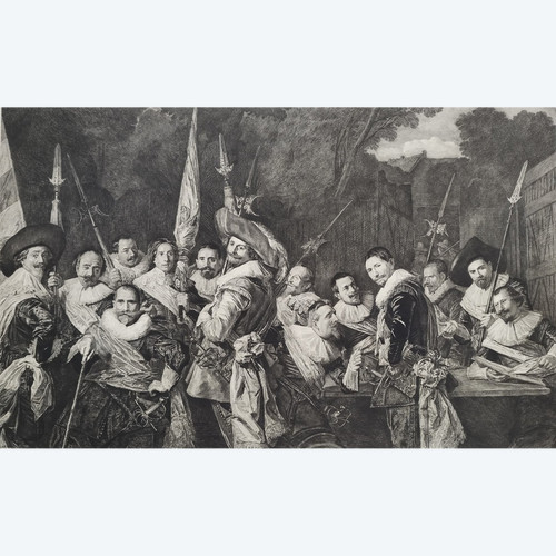 Kupferstich nach einem flämischen Gemälde von Frans Hals. Treffen der Offiziere