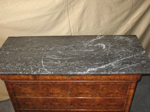 Cassettone d'epoca restauro in noce e radica di noce a 5 cassetti, epoca '800