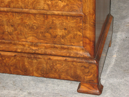 Cassettone d'epoca restauro in noce e radica di noce a 5 cassetti, epoca '800