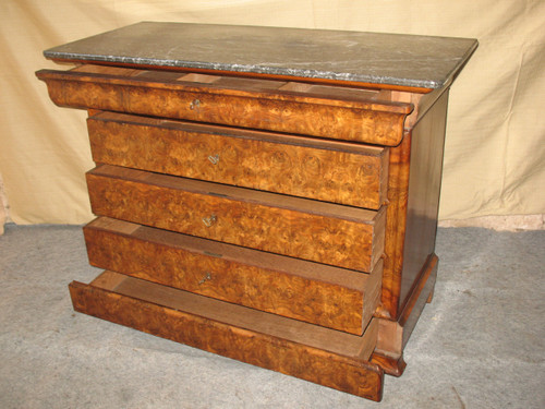 Cassettone d'epoca restauro in noce e radica di noce a 5 cassetti, epoca '800