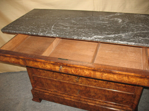 Cassettone d'epoca restauro in noce e radica di noce a 5 cassetti, epoca '800