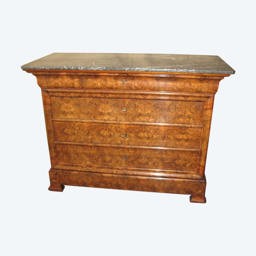 Cassettone d'epoca restauro in noce e radica di noce a 5 cassetti, epoca '800