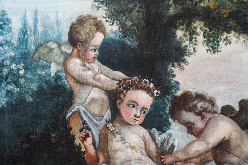 "Putti vendangeurs" and "Putti à la couronne de fleurs". Pair of oils on canvas. French school