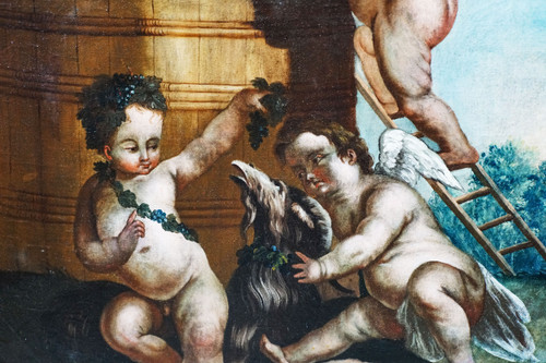 "Putti vendangeurs" and "Putti à la couronne de fleurs". Pair of oils on canvas. French school