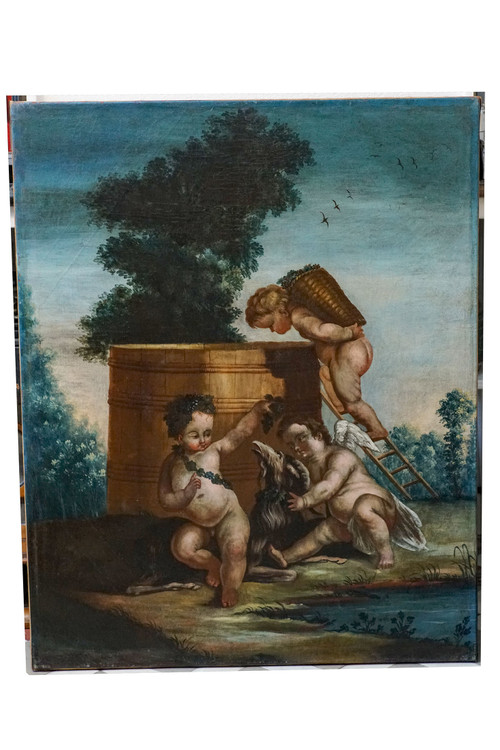 "Putti vendangeurs" and "Putti à la couronne de fleurs". Pair of oils on canvas. French school