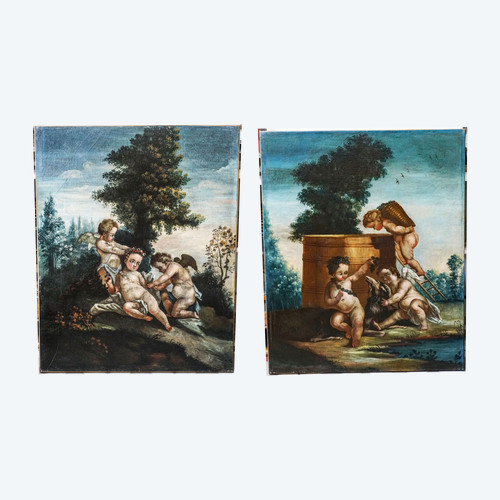 "Putti vendangeurs" and "Putti à la couronne de fleurs". Pair of oils on canvas. French school