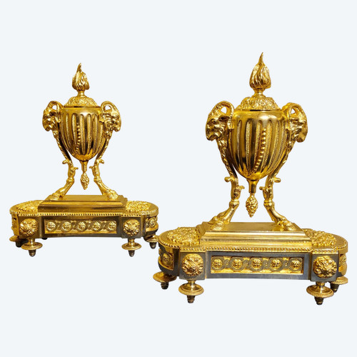 Pair of gilded bronze Chenets in the Louis XVI style with Pots à feux and Béliers 19th century - Beurdeley