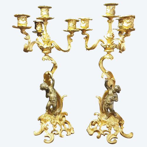 Pair of Louis XV style gilt bronze candlesticks