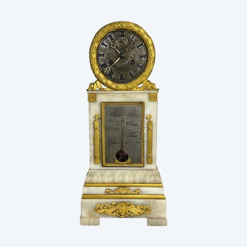 PENDULE BORNE ÉPOQUE CHARLES X FAISANT THERMOMÈTRE EN ALBÂTRE ET BRONZE DORÉ