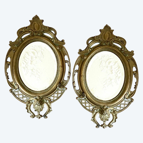 France, 1930s, Pair Of Mirrors Rocaille Style Bronze Frames.