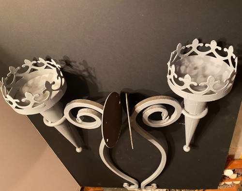 Pair of 1950s "Neo-Moyenageux" style sconces in grey zinc-lacquered iron