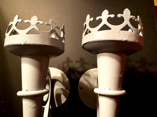 Pair of 1950s "Neo-Moyenageux" style sconces in grey zinc-lacquered iron