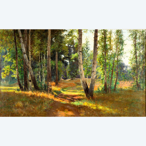 Vue d'un sous bois,  tableau daté 1901, huile sur toile de Feodor Petrovich Riznischenko (1865-1922)