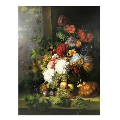 Peter Brooks. Enorme natura morta con fiori e frutta. Olio su tela 20° secolo. 2,2 m x 1,7 m