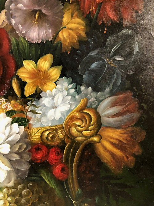Peter Brooks. Enorme natura morta con fiori e frutta. Olio su tela 20° secolo. 2,2 m x 1,7 m