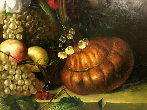 Peter Brooks. Enorme natura morta con fiori e frutta. Olio su tela 20° secolo. 2,2 m x 1,7 m