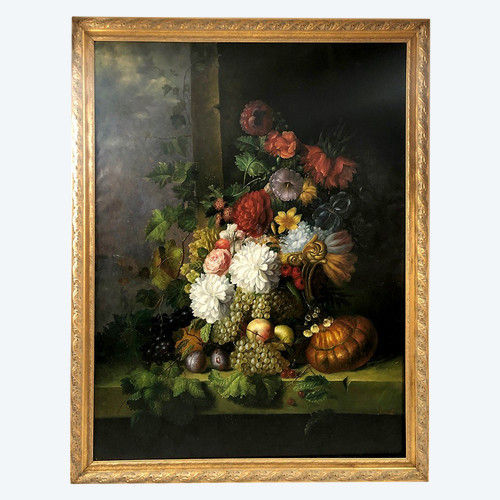 Peter Brooks. Enorme natura morta con fiori e frutta. Olio su tela 20° secolo. 2,2 m x 1,7 m