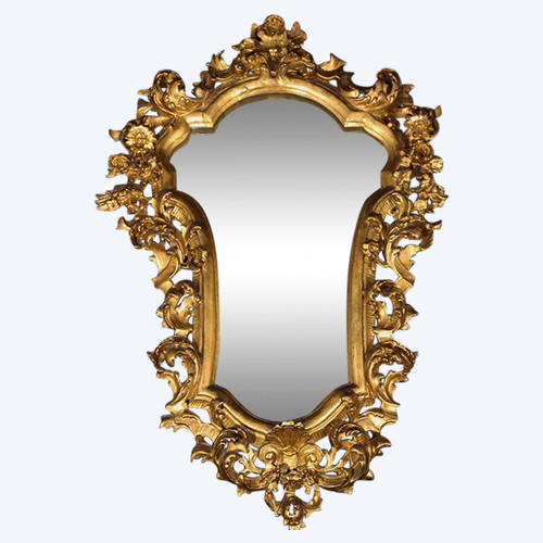  18th century Italian baroque mirror, gilded wood leaf