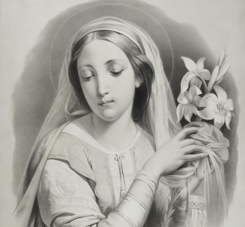 Virgin With Lilies Large Lithograph By Julien 19th C Old Print