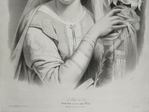 Virgin With Lilies Large Lithograph By Julien 19th C Old Print