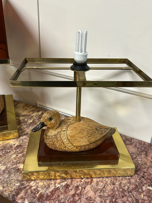 Coppia di lampade a forma di anatra in ottone e bachelite degli anni '70
