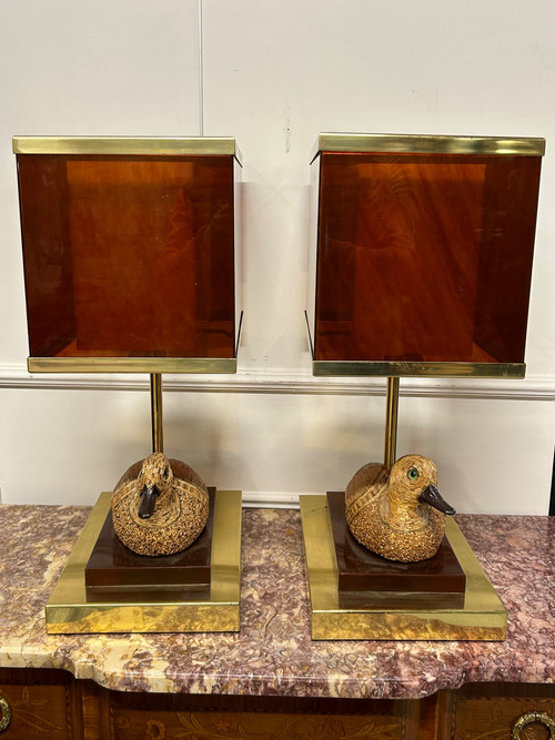Coppia di lampade a forma di anatra in ottone e bachelite degli anni '70