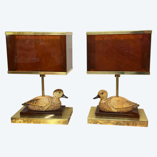 Coppia di lampade a forma di anatra in ottone e bachelite degli anni '70