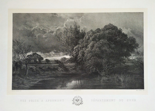 French Landscape View Of Apremont Cher Lithograph By Emile Vernier After Charles Sauvageot Old Print