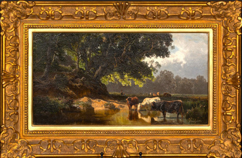 Cows at drinking trough, Oil on panel by Josef Wenglein (1845 - 1919)