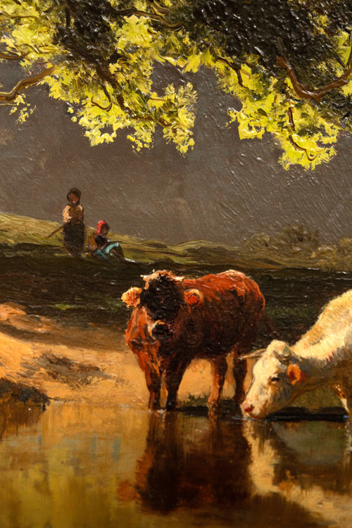 Cows at drinking trough, Oil on panel by Josef Wenglein (1845 - 1919)