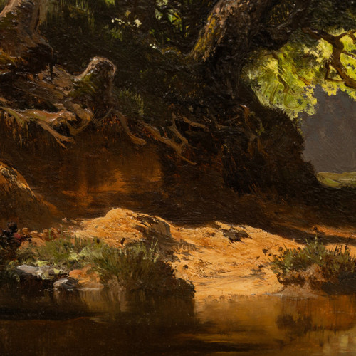 Cows at drinking trough, Oil on panel by Josef Wenglein (1845 - 1919)