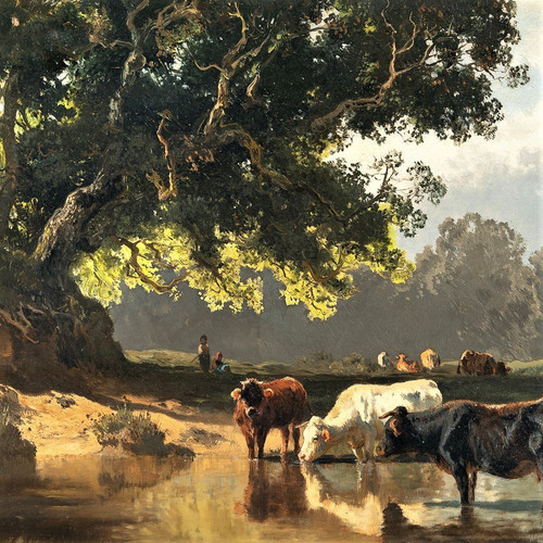 Cows at drinking trough, Oil on panel by Josef Wenglein (1845 - 1919)