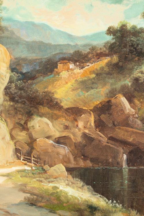 Tableau de paysage capriccio de TONI BORDIGNON (1921-), de style des Maîtres anciens
