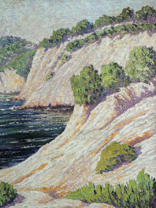 Large Oil On Marine Canvas 1900 Pointillist Signed Grallan
