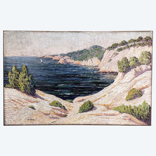 Large Oil On Marine Canvas 1900 Pointillist Signed Grallan