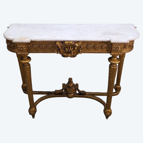 Console In Golden Wood Louis XVI Style XIXth White Marble Top