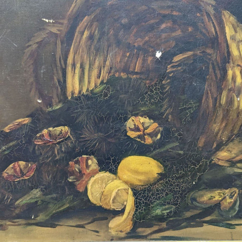 Öl auf Leinwand Stillleben mit Seeigeln und Zitronen, signiert Bouchet 1903