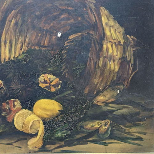 Öl auf Leinwand Stillleben mit Seeigeln und Zitronen, signiert Bouchet 1903