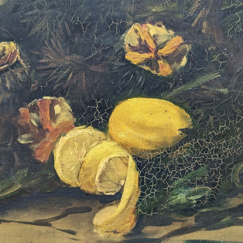 Öl auf Leinwand Stillleben mit Seeigeln und Zitronen, signiert Bouchet 1903
