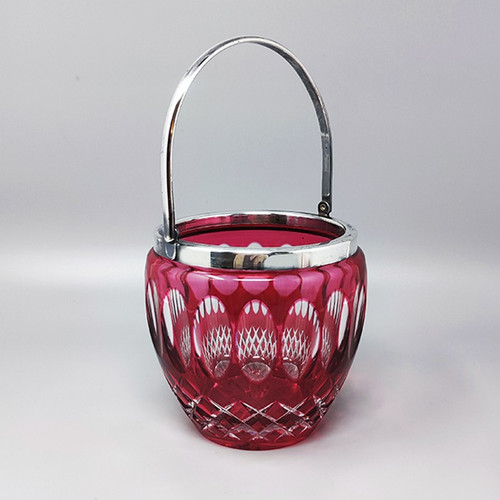 1960s Gorgeous Red Bohemian Cut Crystal Glass Ice Bucket. Made in Italy
