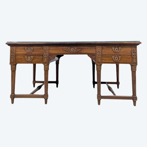 Large Flat Desk With Empire Style Pulls In Solid Mahogany And Mahogany Veneer