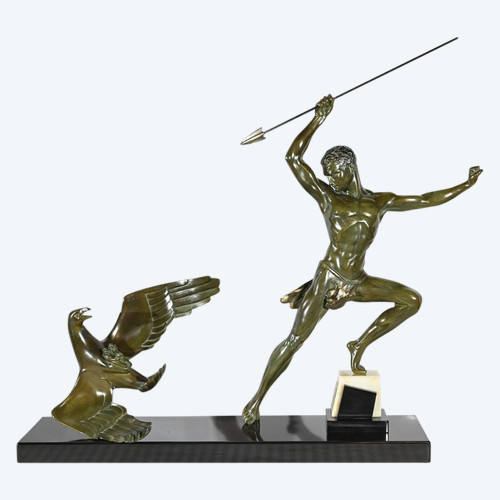 Bronzo "Caccia all'aquila", firmato J.de Roncourt, Art Déco - 1930