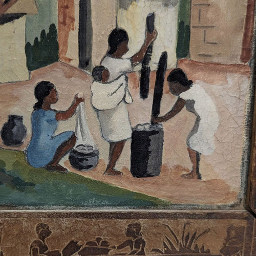 Oil On Canvas Scene Of Life In Madagascar Malagasy School Signed Delphine