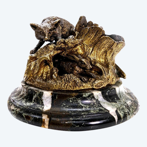 Bronze Animalier Double Patine Lapin Et Renard Pyrogène époque XIXème