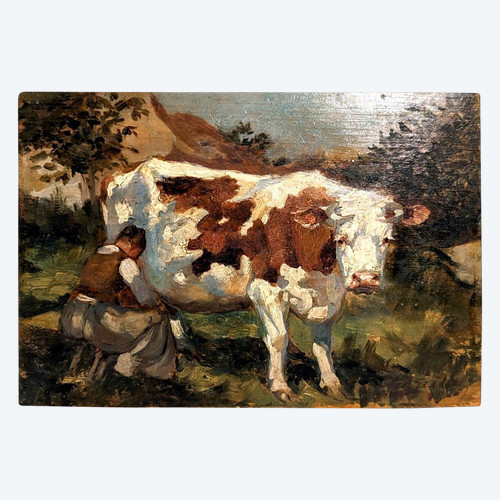 "Louis Edouard Garrido Olio su pannello Mucche da mungitura