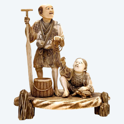 Okimomo In Ivory From The 19th Century Representing A Sinner And His Son,