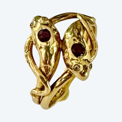 Anello con doppi serpenti con rubini e diamanti