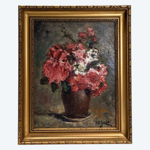 "louis Edouard Garrido Oil On Cardboard Bouquet of Carnations Or Geranium