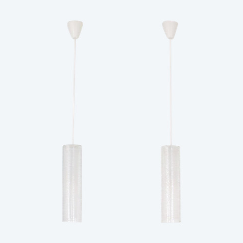 Doria suspension fixtures in frosted glass.