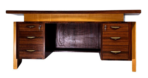 Grand Bureau Présidentiel à Caisson Style Art Déco 1930 d'époque 1950 En Palissandre